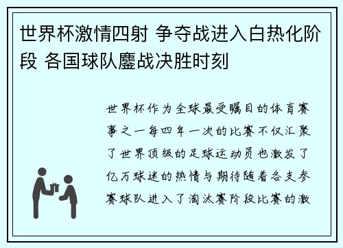 世界杯激情四射 争夺战进入白热化阶段 各国球队鏖战决胜时刻